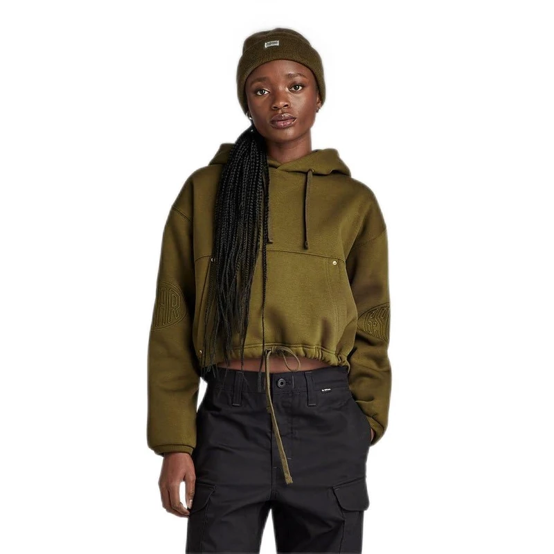 G-Star Women's Sleeve Graphic Cropped Loose Hoodie, Green (dark olive D23888-D425-C744), XL