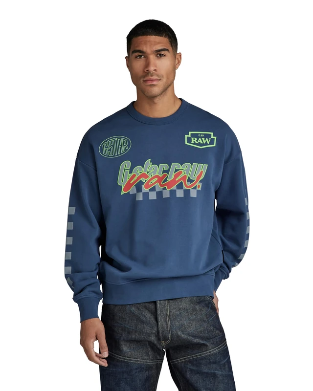 G-Star Men's Moto Sport Graphic Loose Sweater, Blue (rank blue D23895-B782-868), S