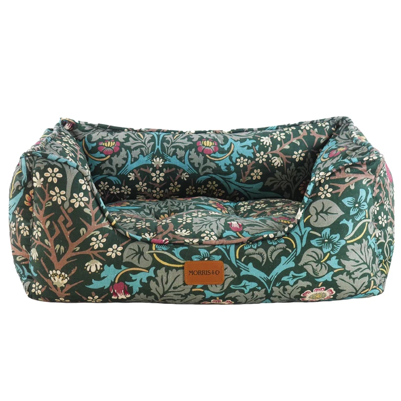 Rosewood x Morris & Co. Blackthorn Box Bed for Dogs, Small Dog Bed, Green, Padded Sides, Non-Slip Base, Washable, Luxury William Morris Print
