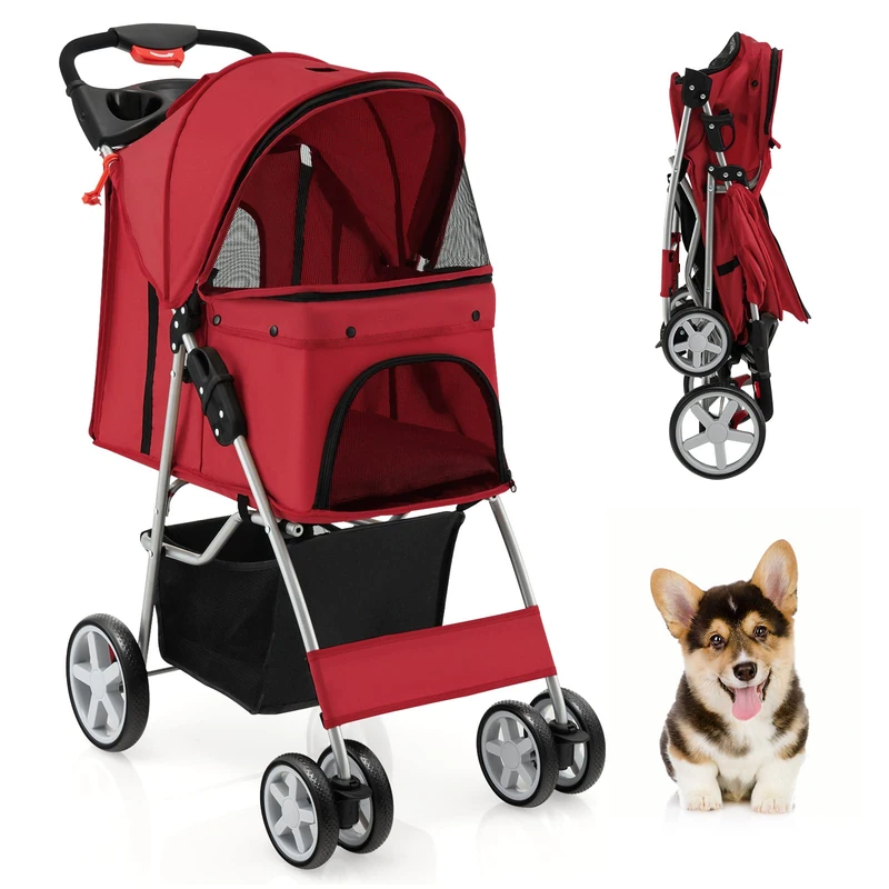 GYMAX Folding Pet Stroller, Portable Pet Travel Pushchair with 4 Wheels, Safety Belt, Mesh Windows and Cup Holder, Pets Travel Carrier Carriage for Dogs and Cats (Red)