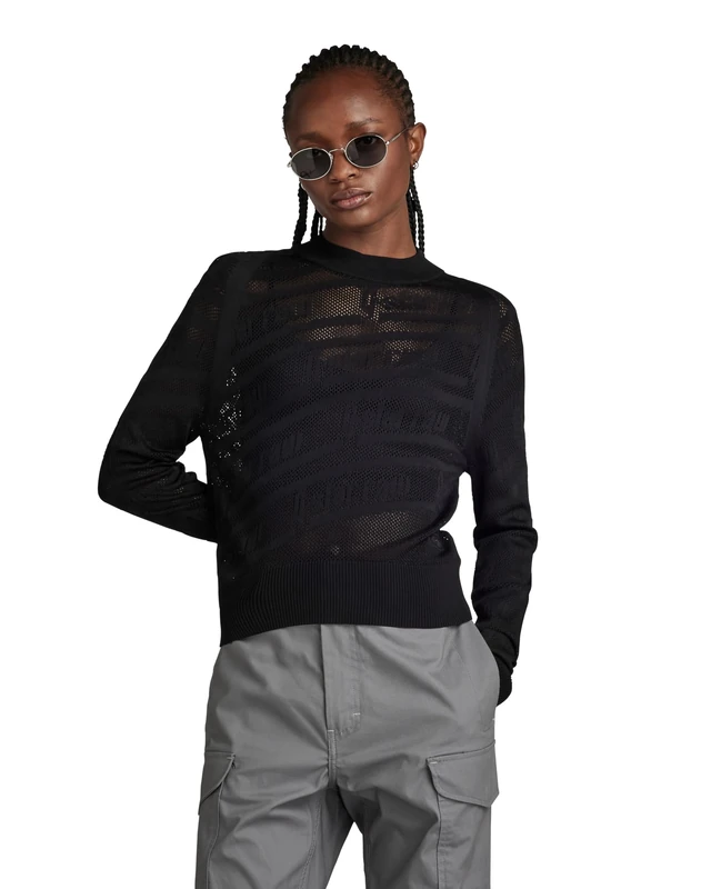 G-Star Women's Pointelle Text Knitted Sweater, Black (dk black D23924-B754-6484), XS