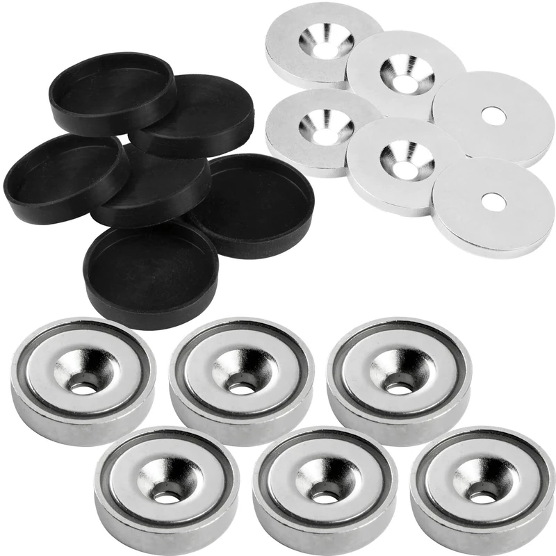 vasalat Pot magnet with bore, magnet with metal discs and rubber caps, round magnet diameter 25 mm, neodymium nickel-plated 18 pieces - Image 1