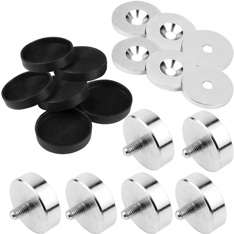 vasalat Pot Magnet with Threaded Pin for Screwing, Magnet with Metal Discs and Rubber Caps, Diameter 25 mm Neodymium 18 Pieces