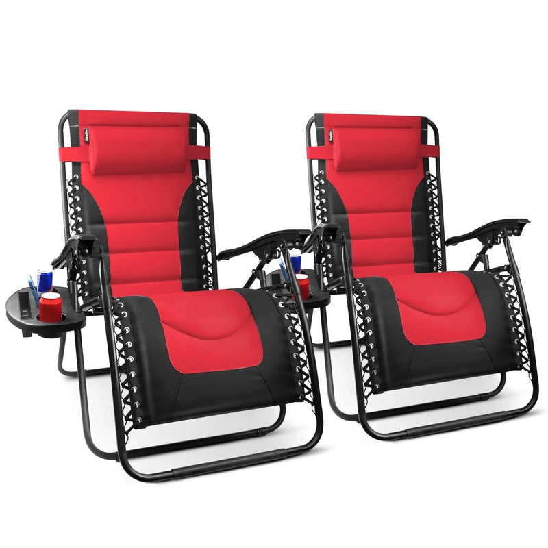KEPLIN 2 Pack Padded Gravity Recliner Chairs Extra Wide, Foldable Armrest & Head Pillow Adjustable with Cup Holder Tray Durable & Sturdy Up to 200kg for Patio, Garden, Camping & Fishing(Burgundy)