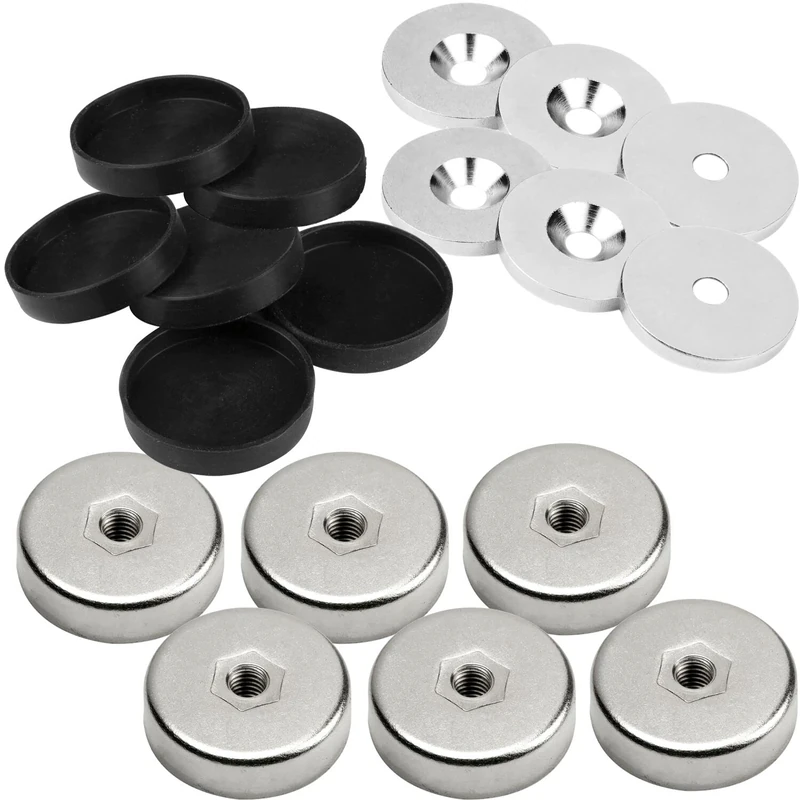vasalat Pot magnet with internal thread, magnet with metal discs and rubber caps, round magnet diameter 25 mm, neodymium nickel-plated 18 pieces