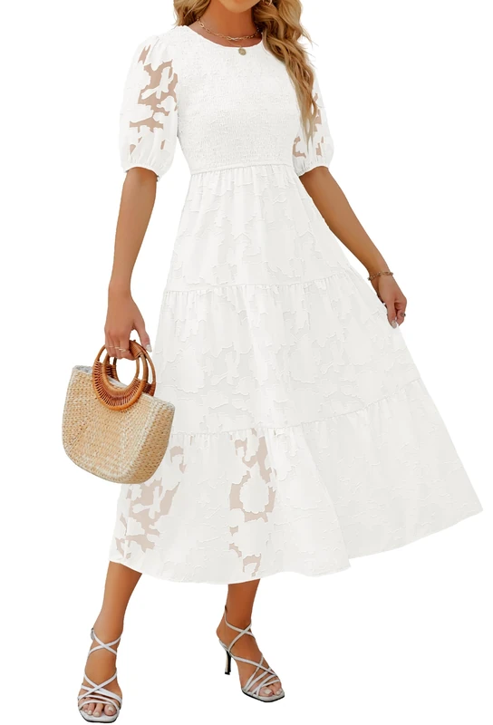 ZESICA Women's 2025 Summer Short Puff Sleeve Crewneck Smocked Floral Lace Flowy A Line Tiered Maxi Dresses, White, L
