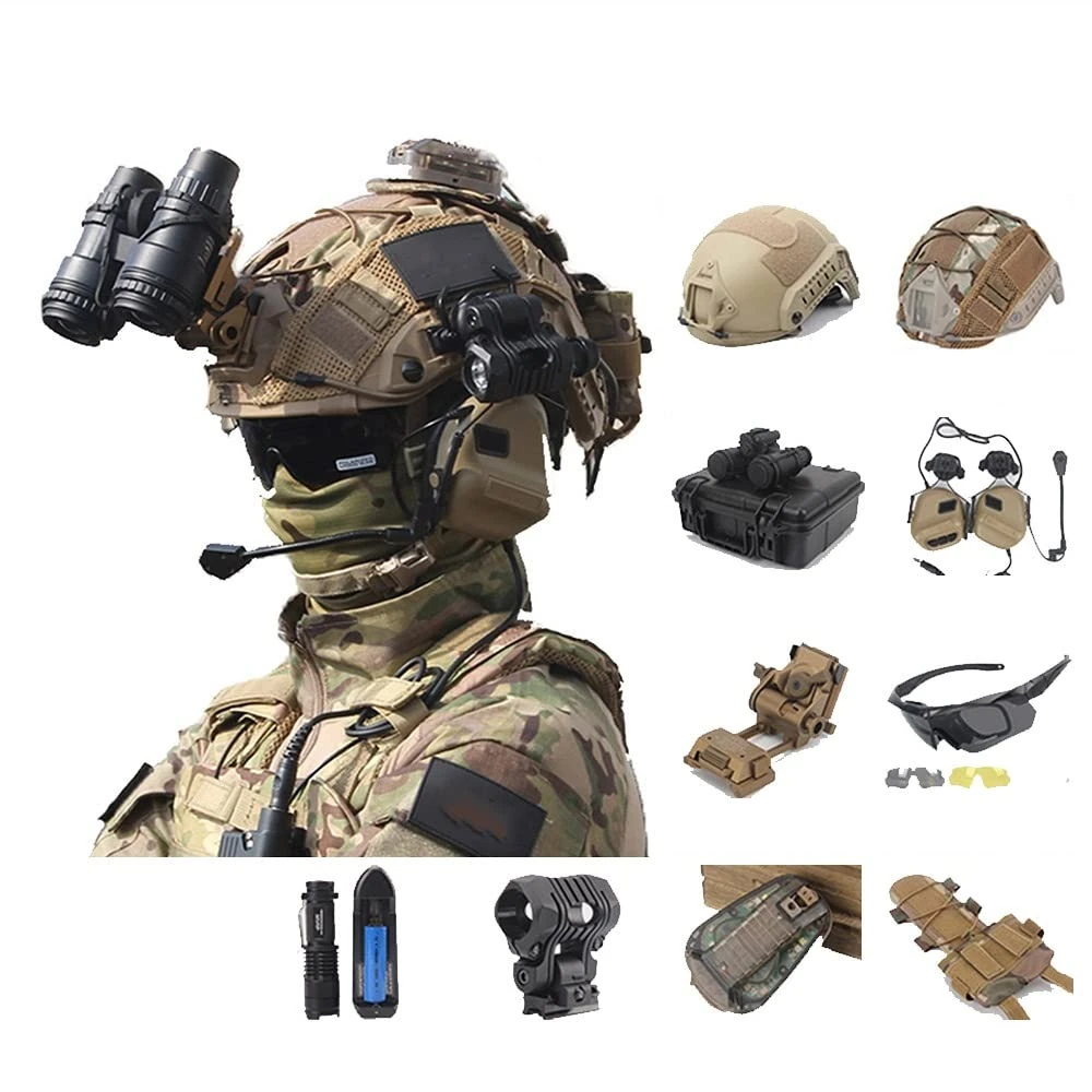 XLLYBZ Tactical Fast Helmet Set, Tactical Goggles NVG Mount Telescope Model Tactical Gear, for Outdoor Airsoft Paintball Protective Hunting (Color : Mud E)