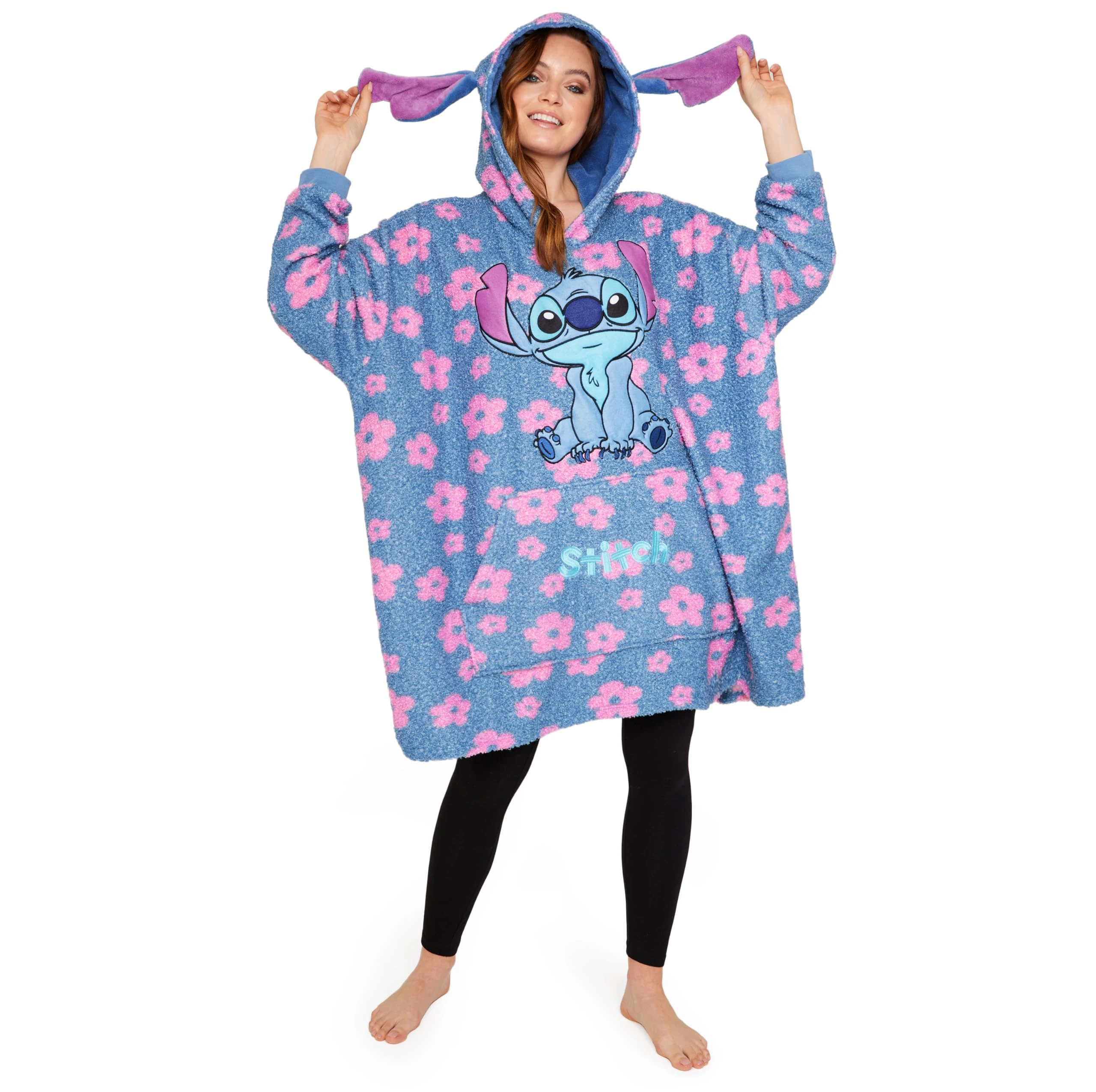 Disney Stitch Fleece Hoodie Women Teenagers Oversized Fleece Poncho Stitch Gifts for Women (Blue/Pink Stitch)