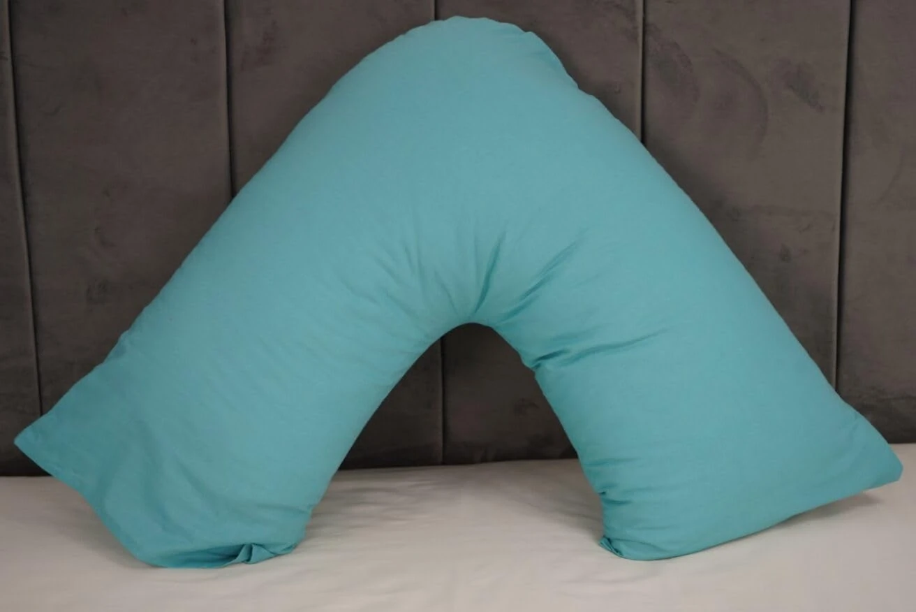 Orthopaedic V-pillow with Free pillowcase- Pregnancy Support V Shaped Triangle Pillow with polycotton pillowcase 74x34cm-Hollow Fibre V-pillow for for Neck,Maternity Pregnancy Support (Aqua Blue)