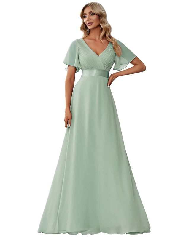Ever-Pretty Women's Double V-Neck Short Flutter Sleeves Empire Waist Elegant Chiffon Long Evening Dresses Mint Green 26UK