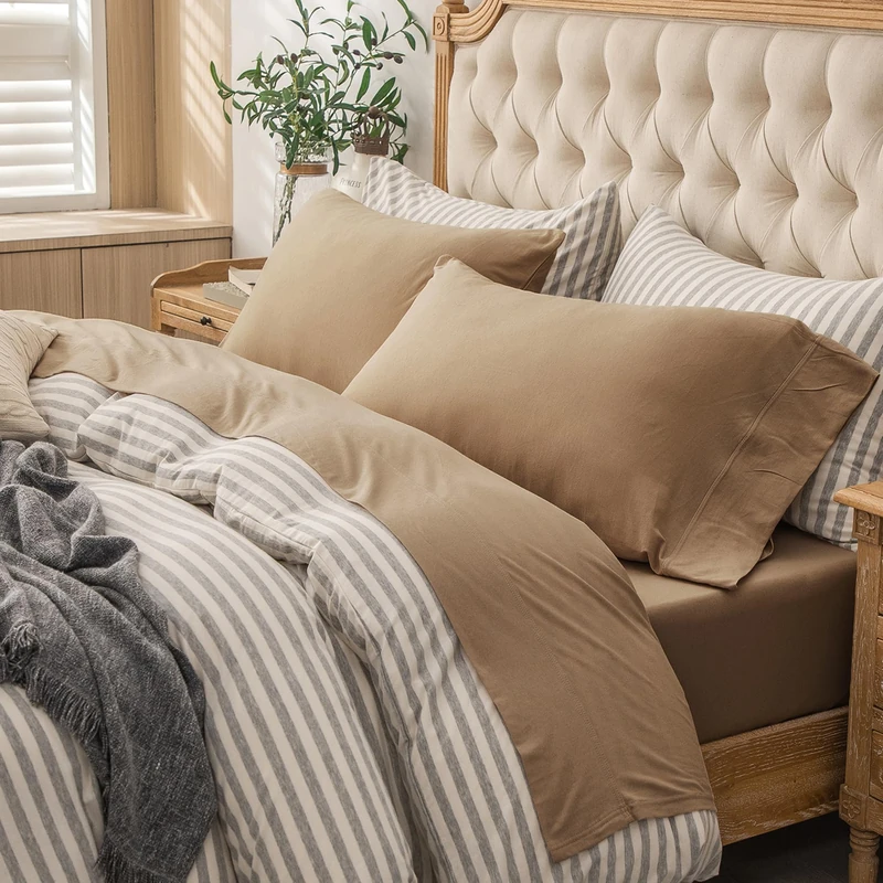PURE ERA Jersey Knit 4pc Bed Sheet Set 100% T-Shirt Cotton Super Soft Comfy Breathable Bedsheets for Double Bed Fits Mattress Up to 20'' Extra Deep Pocket (Solid Toffee Brown, Queen)