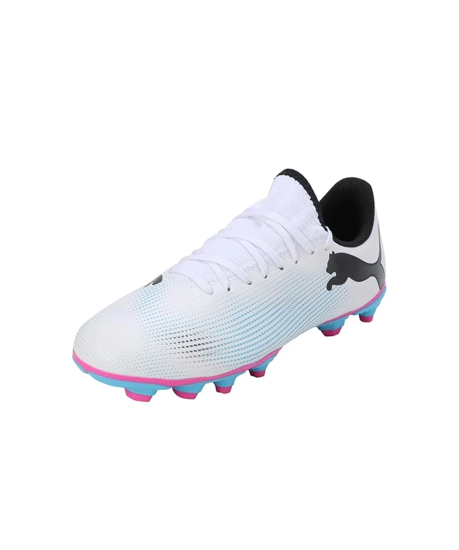 Puma Unisex Youth Future 7 Play Fg/Ag Jr Soccer Shoes, Puma White-Puma Black-Poison Pink, 1 UK