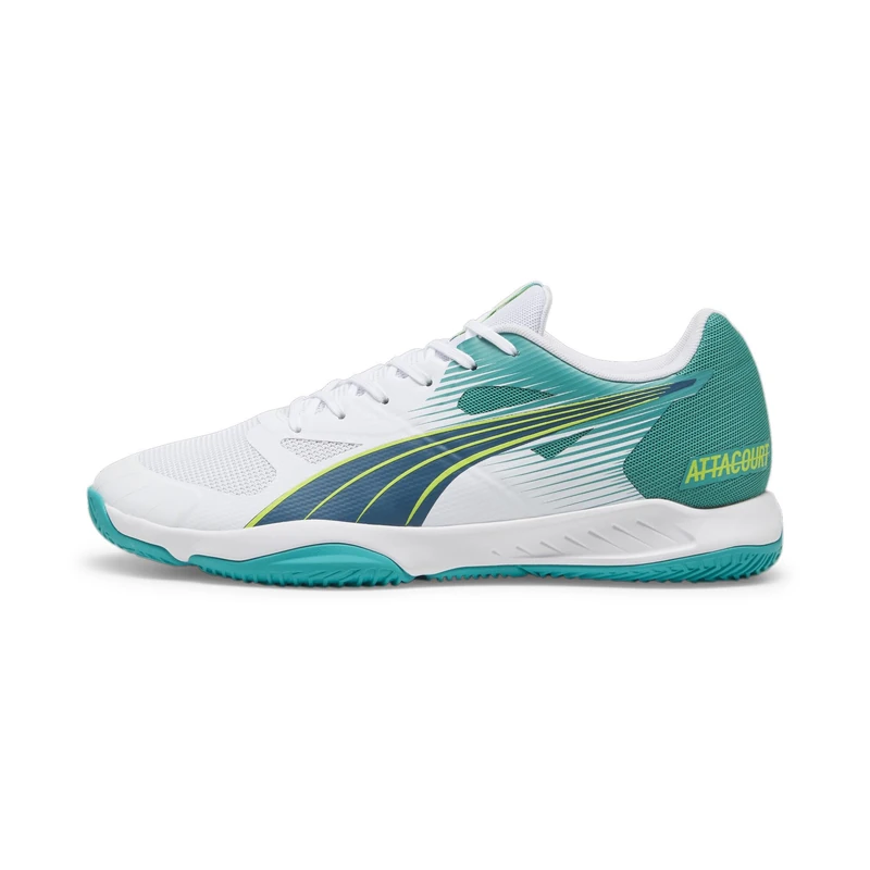 Puma Unisex Adults Attacourt Indoor Court Shoes, Puma White-Ocean Tropic-Sparkling Green-Lime Squeeze, 7 UK