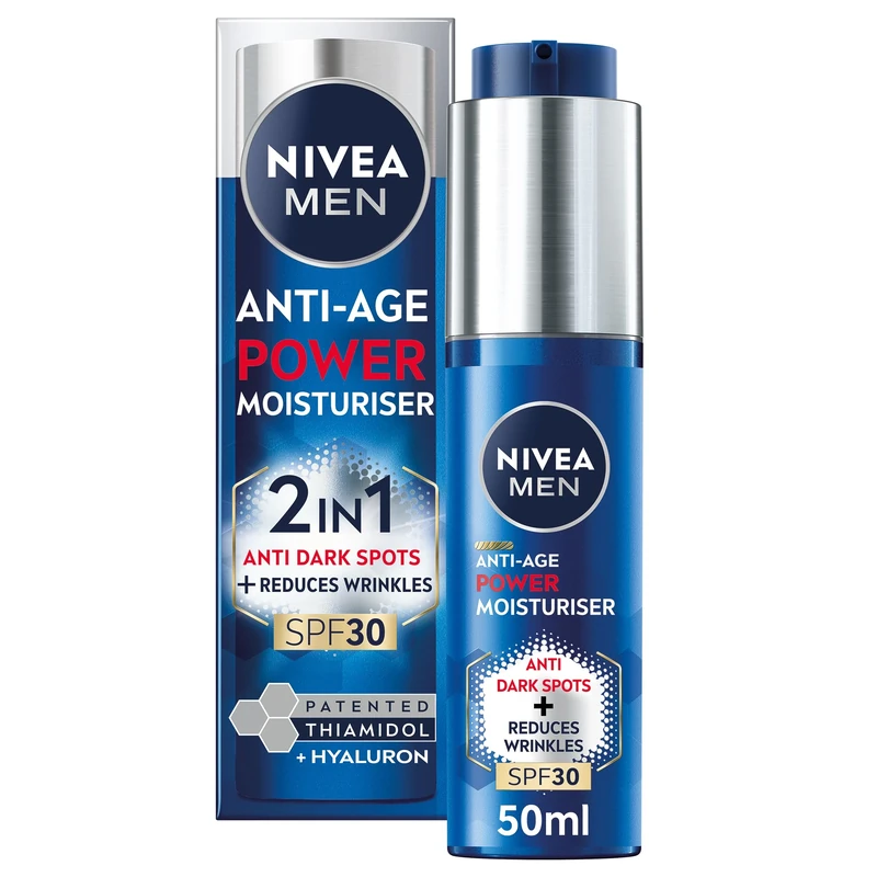 NIVEA MEN Anti-Age 2in1 Power Moisturiser (50ml), With SPF 30, Thiamidol, and Hyaluronic Acid for Sun Protection, Dark Spot Prevention, and Younger-Looking Skin