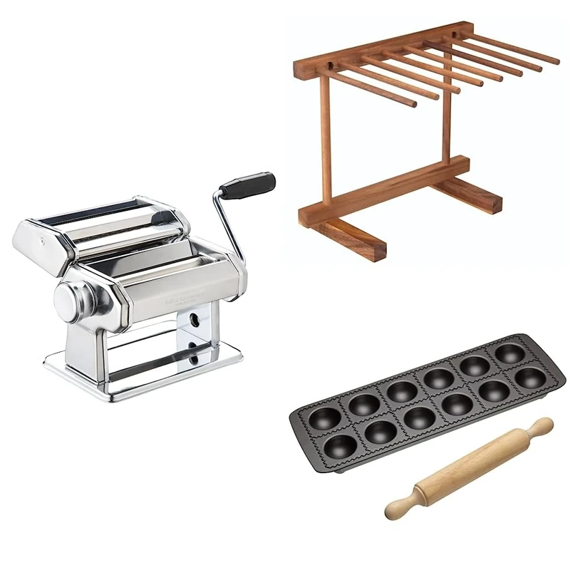 KitchenCraft World of Flavours 4pc Pasta Making Set, Pasta Machine, Drying Stand, Ravioli Mould and Rolling Pin