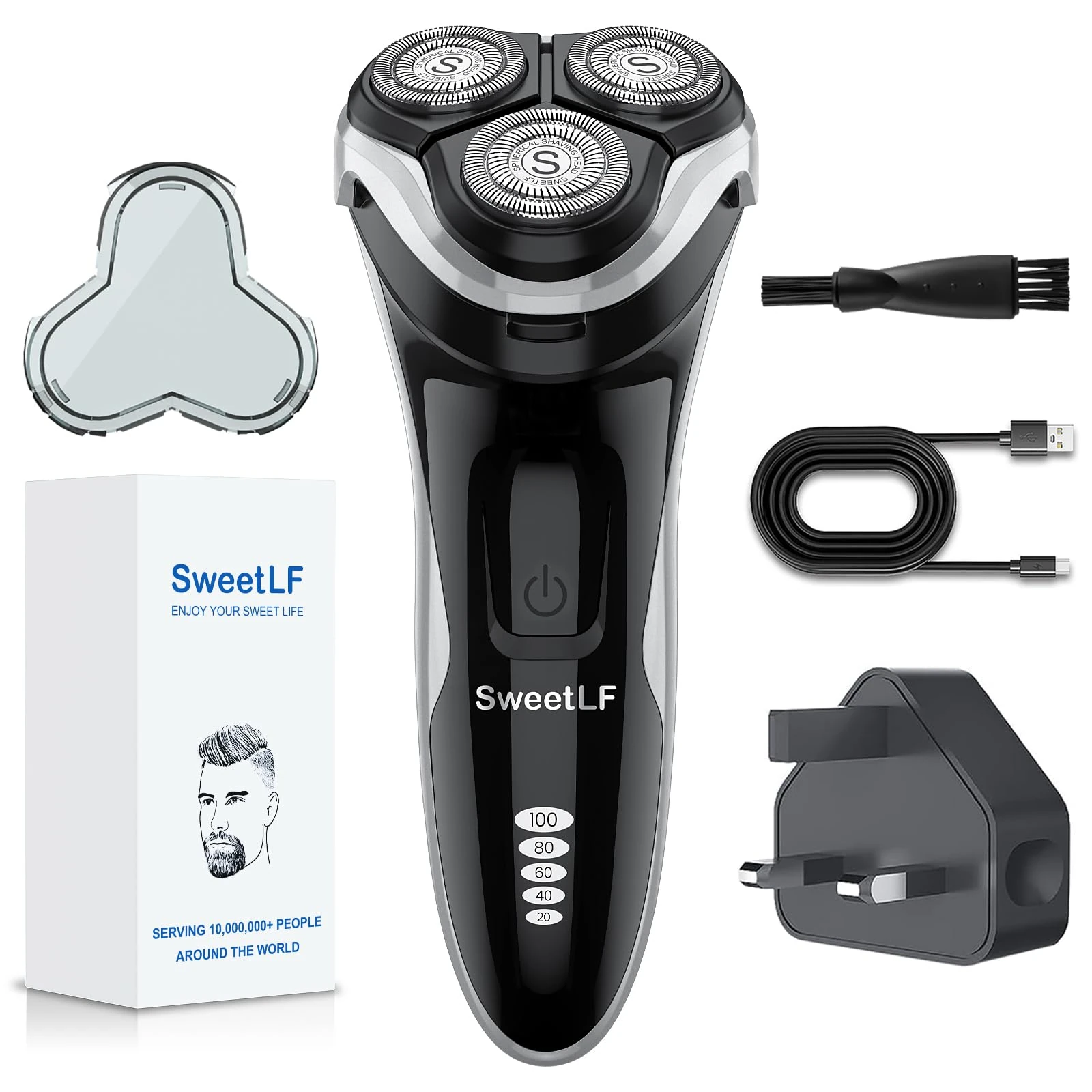 SweetLF Electric Razor for Men, 120 Min Shaving, Fast UK Adapter (1H Charging),100% Waterproof, Wet & Dry Rotary Shavers for Men with Pop-up Trimmer, LED Display, Black