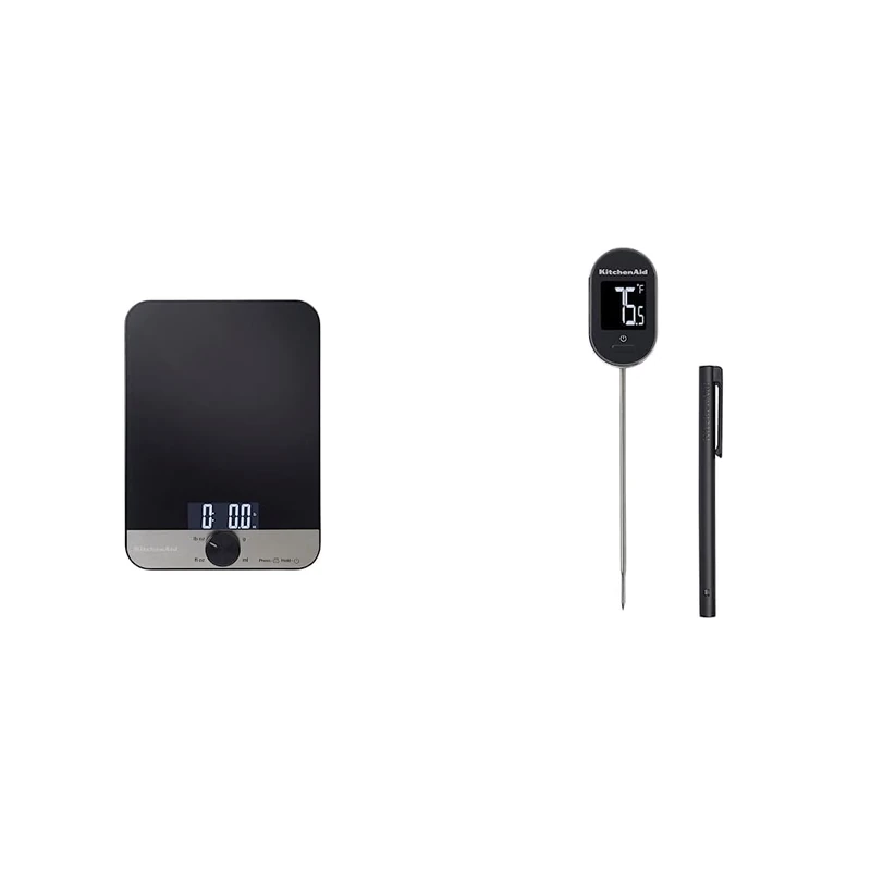 KitchenAid 2pc Digital Kitchen Tool Set, Digital Glass Top Kitchen Weighing Scales & Pivoting Instant Read Digital Thermometer - Image 1
