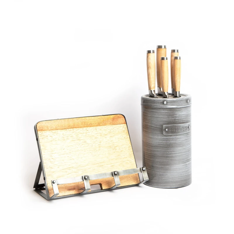 KitchenCraft Industrial Kitchen Set with 5pc Knife Set & Metal Storage Block and Cookbook Tablet Stand