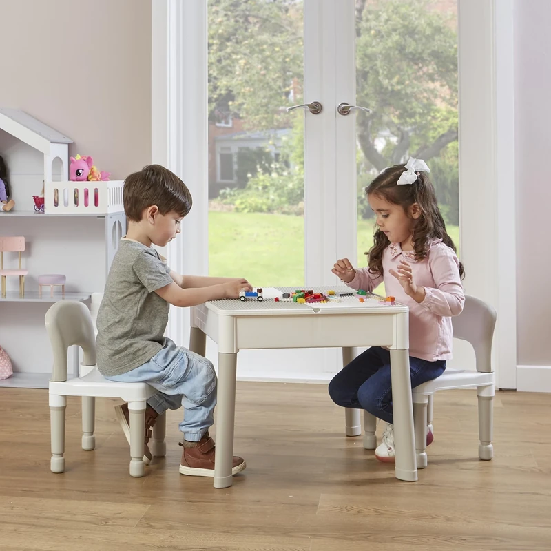 Liberty House Toys Kids 5-in-1 Activity Table and 2 Chairs, Sand, Water, Construction Play, Grey, H450 x W510 x D540mm