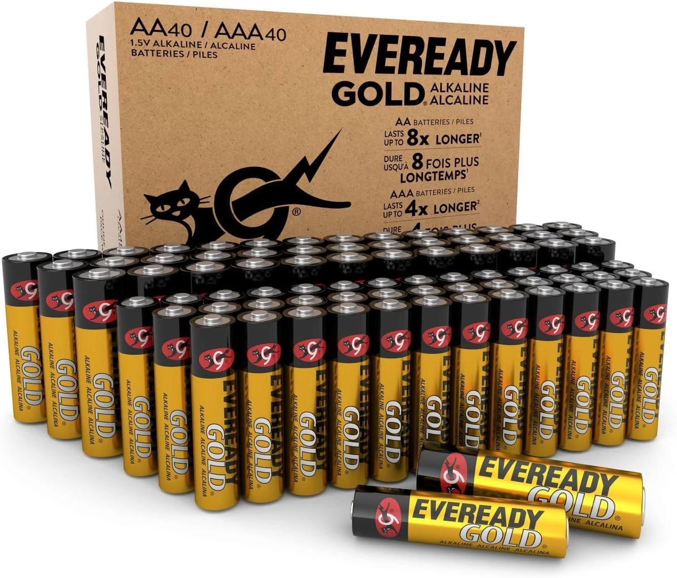 Eveready Gold by Energizer - AA + AAA Battery (80 Combo Pack) - Double & Triple A Batteries - 1.5V Alkaline - Reliable Power - 0% Plastic Packaging - 10 Year Shelf Life [Amazon Exclusive]