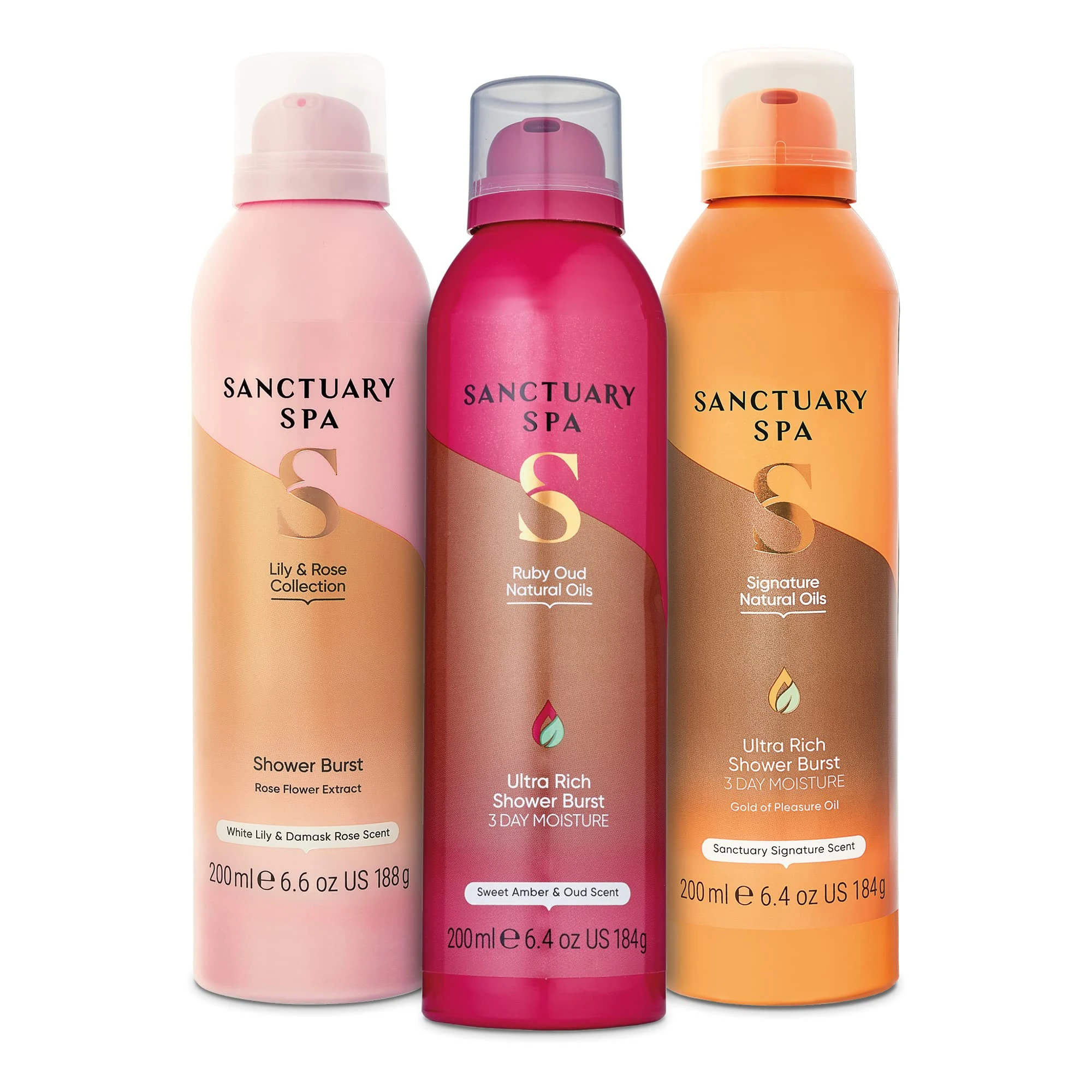 Sanctuary Spa Shower Burst Trio | Signature | Ruby Oud | Lily and Rose Shower Body Wash Bundle | 3 x 200 ml | Mineral Oil Free, Cruelty Free & Vegan