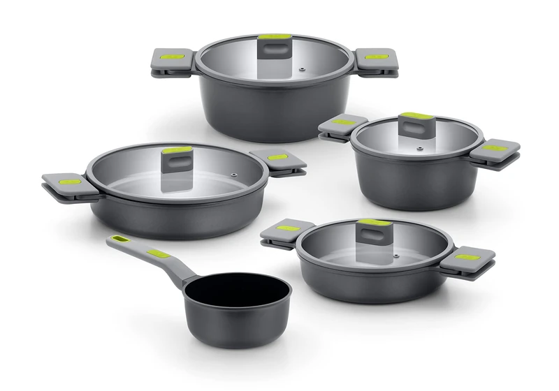 BRA Life 5 Pieces 100% Recycled Aluminum Cast Battery, PFOA Free Reinforced Ceramic Non-Stick PTFE Free Suitable for All Hobs and Induction
