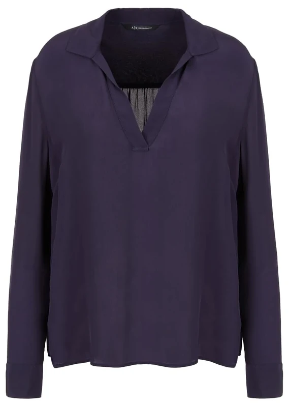 Armani Exchange Women's Long Sleeve Polo V-Neck Viscose Blouse, Blueberry Jelly, XS
