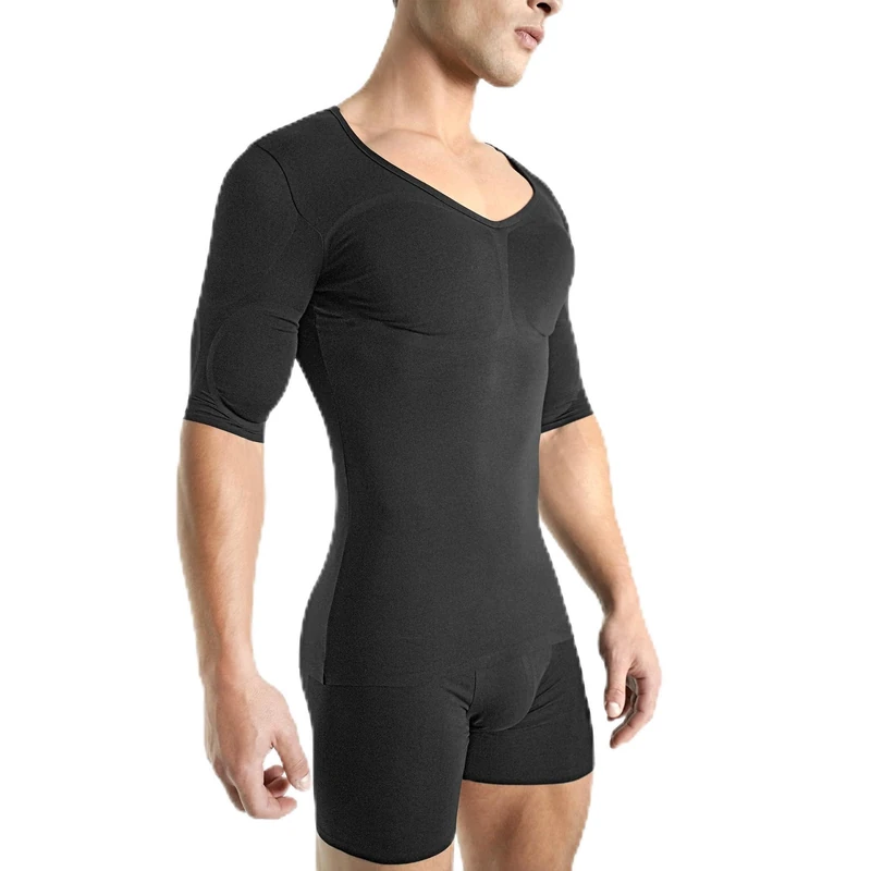Rounderbum | Compression Shirt Men - Mens Underwear Padded T-Shirt for Men | Shapewear Underwear - Under Clothing Muscle, Black Stealth Padded Muscle Shirt, S