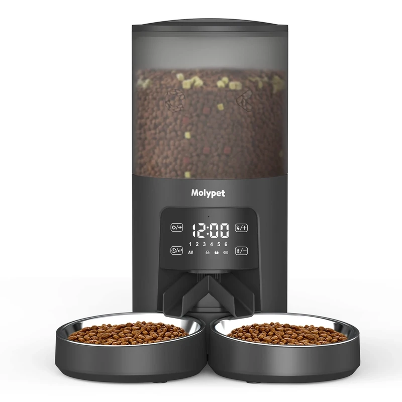 Molypet Automatic Cat Feeders for 2 Cats - 6L Cat Food Dispenser with Double Bowls, Programmable Timed Feeding up to 6 Meals per Day, Voice Recording, Dual Power Supply