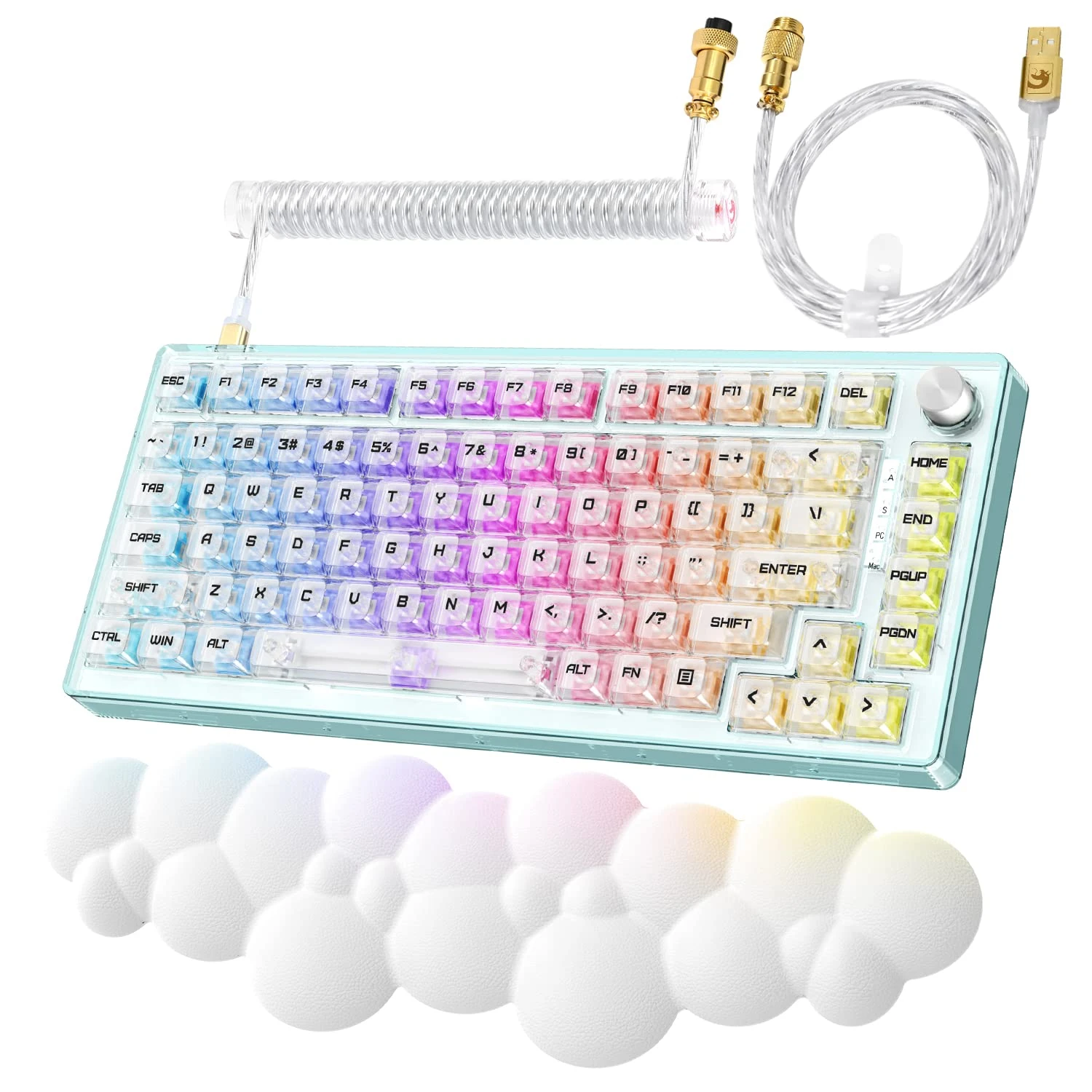 MAGIC-REFINER MK32 Mechanical Gaming Keyboard, 75% Wired Transparent Keyboard, Apex Pro TKL Keyboard Hot Swappable 82 Keys with Cloud Wrist Rest & Coiled USB-C Cable & Volume Knob, for PC/MAC, White