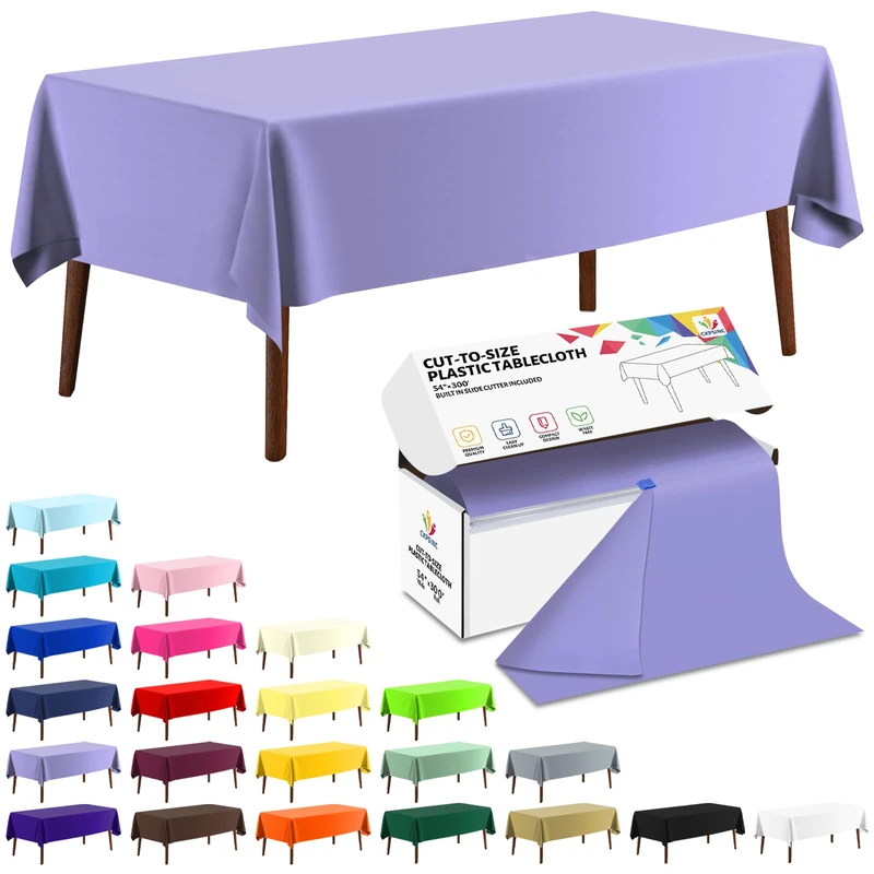 CXPSINC 54 Inch X 300 Feet Plastic Table Cover Roll Disposable Tablecloth with Slide Cutter for All Type/Shape Tables | Party, Banquet, Birthdays, Weddings(Purple, 300 Feet)