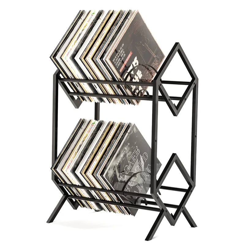 RUILALIFE 2-Tier-Vinyl-Record-Storage-Holder With Dividers, 200 LPs Albums Storage Rack Shelf, Steel Music Records Display Shelf Organizer For Book, Magazine, Files,Matte Black - Image 1