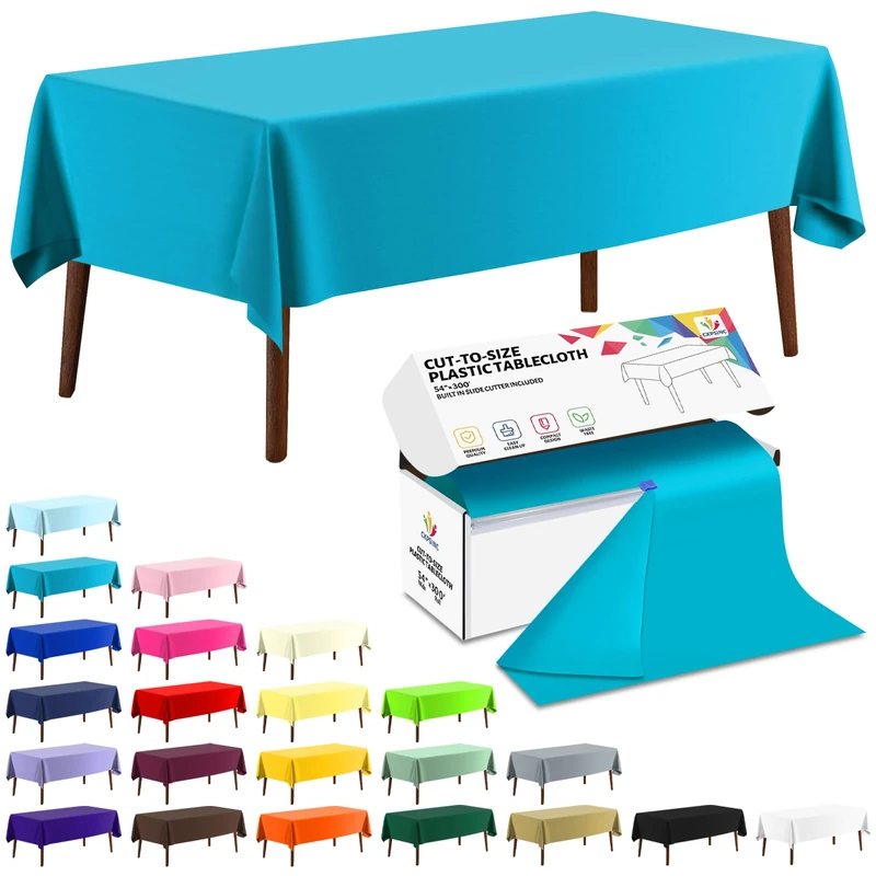 CXPSINC 54 Inch X 300 Feet Plastic Table Cover Roll Disposable Tablecloth with Slide Cutter for All Type/Shape Tables | Party, Banquet, Birthdays, Weddings(Turquoise, 300 Feet)