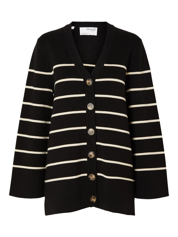 SELECTED FEMME SLFLIVA LS Long Knit Cardigan NOOS, Black/Stripes: Birch, M - Image 1