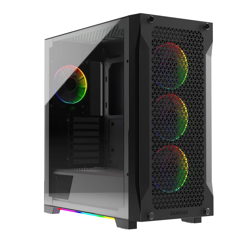 GAMDIAS Gaming PC Case, ATX Mid Tower Computer Case, Side Tempered Glass, Pre-install 4 ARGB Fans, High Airflow Front Panel, Cable Management, Black
