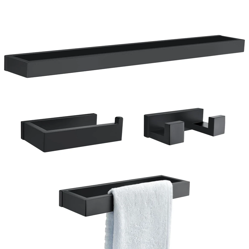 Matte Black Towel Bar Set, 4-Pieces Bathroom Hardware Accessories Set Including Towel Bar, Towel Ring, Towel Hook, Toilet Paper Holder, Stainless Steel Wall Mounted Towel Rack Set - Image 1