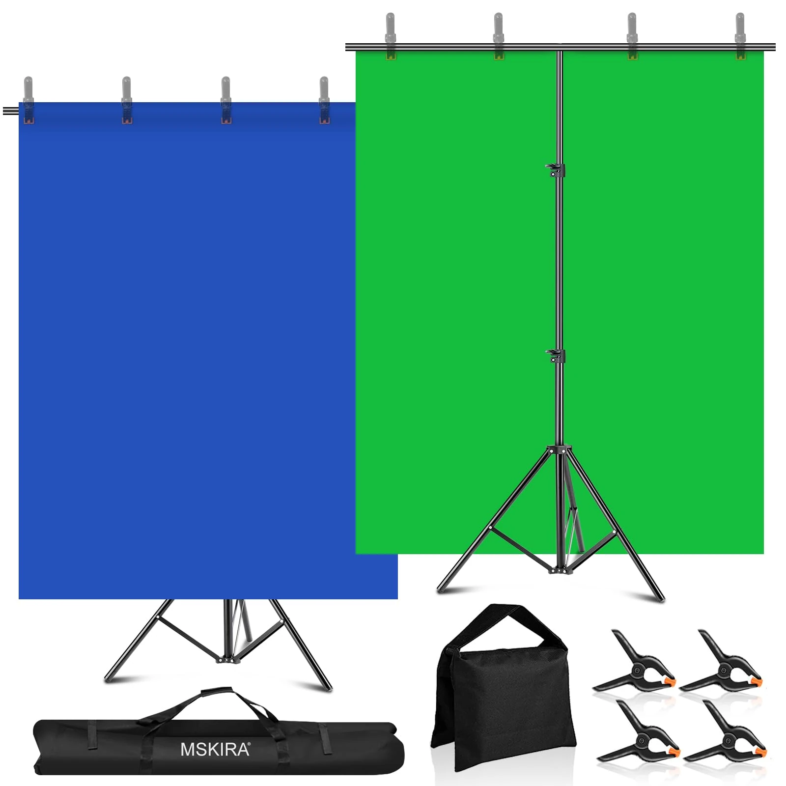 MSKIRA Blue Green Screen Backdrop with Stand Kit, 6.5 X 6.5Ft T-Shaped Adjustable Photo Backdrop Support Stand, 2-in-1 Reversible Blue Greenscreen Background, 4 Clamps, Sandbag