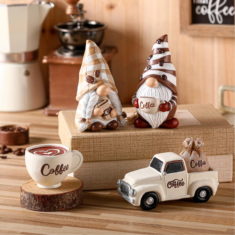 Karenhi 4 Pcs Coffee Gnomes Coffee Bar Decor Gnome Figurines Accessories Swedish Dwarf Resin Decor for Bar Kitchen Office Christmas Tiered Tray Collectible Tabletop Decorations - Image 1
