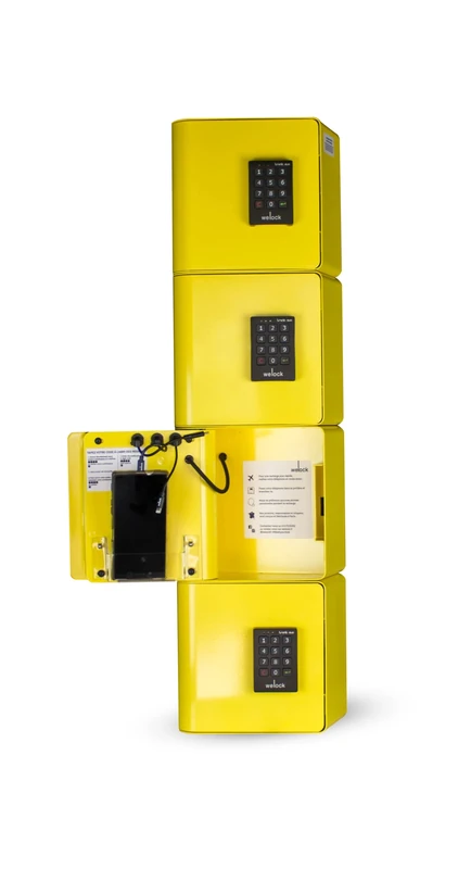 Welock 3760375820760 Charging Station for Phones with 4 lockers Yellow RAL 1018 Black Code Locks Smartphones, 20x80x15cm - Image 1
