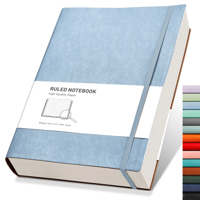 RETTACY A4 Lined Notebook - 320 Pages, Blue Faux Leather, 2 Sticky Notes