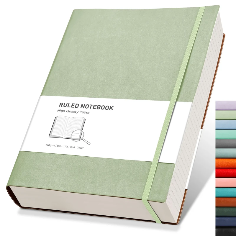 RETTACY A4 Lined Notebook College Ruled/Thick Journal - Extra Large Softcover Composition Notebooks with 2 Free Sticky Notes 320 Pages,Faux Leather, Inner Pocket 21.5 x 27.9cm - Light Green
