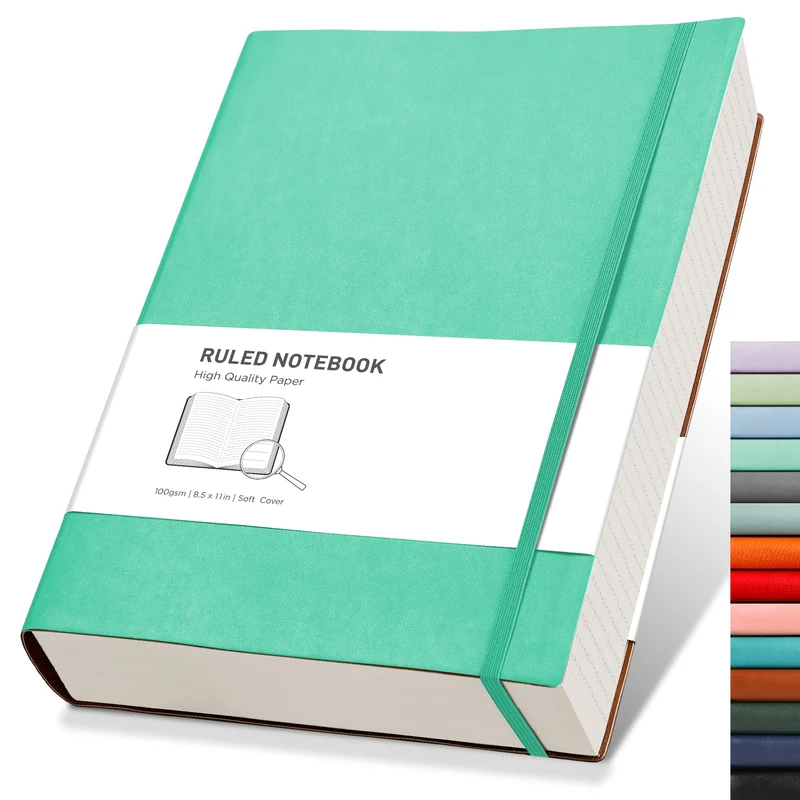 RETTACY A4 Lined Notebook College Ruled/Thick Journal - Extra Large Softcover Composition Notebooks with 2 Free Sticky Notes 320 Pages,Faux Leather, Inner Pocket 21.5 x 27.9cm - Mint Green