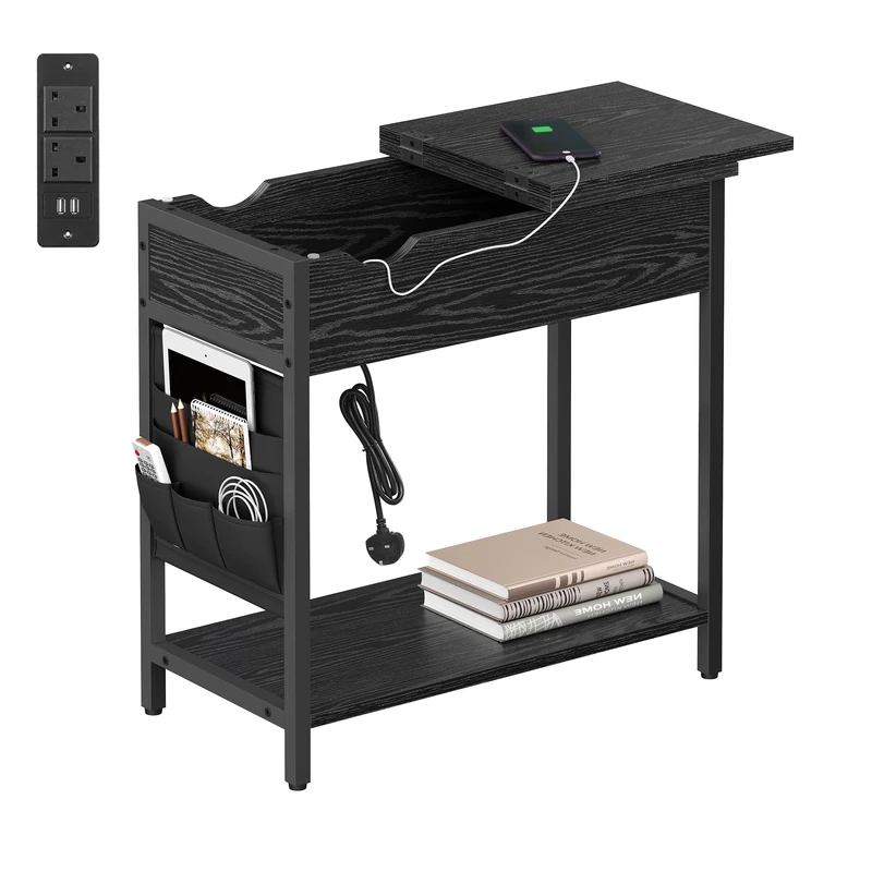 VASAGLE Slim Side Table with Charging Station, Narrow Bedside Table with Storage, End Table with USB Ports, Outlets, Fabric Bags, for Living Room, Bedroom, Black LET309B56