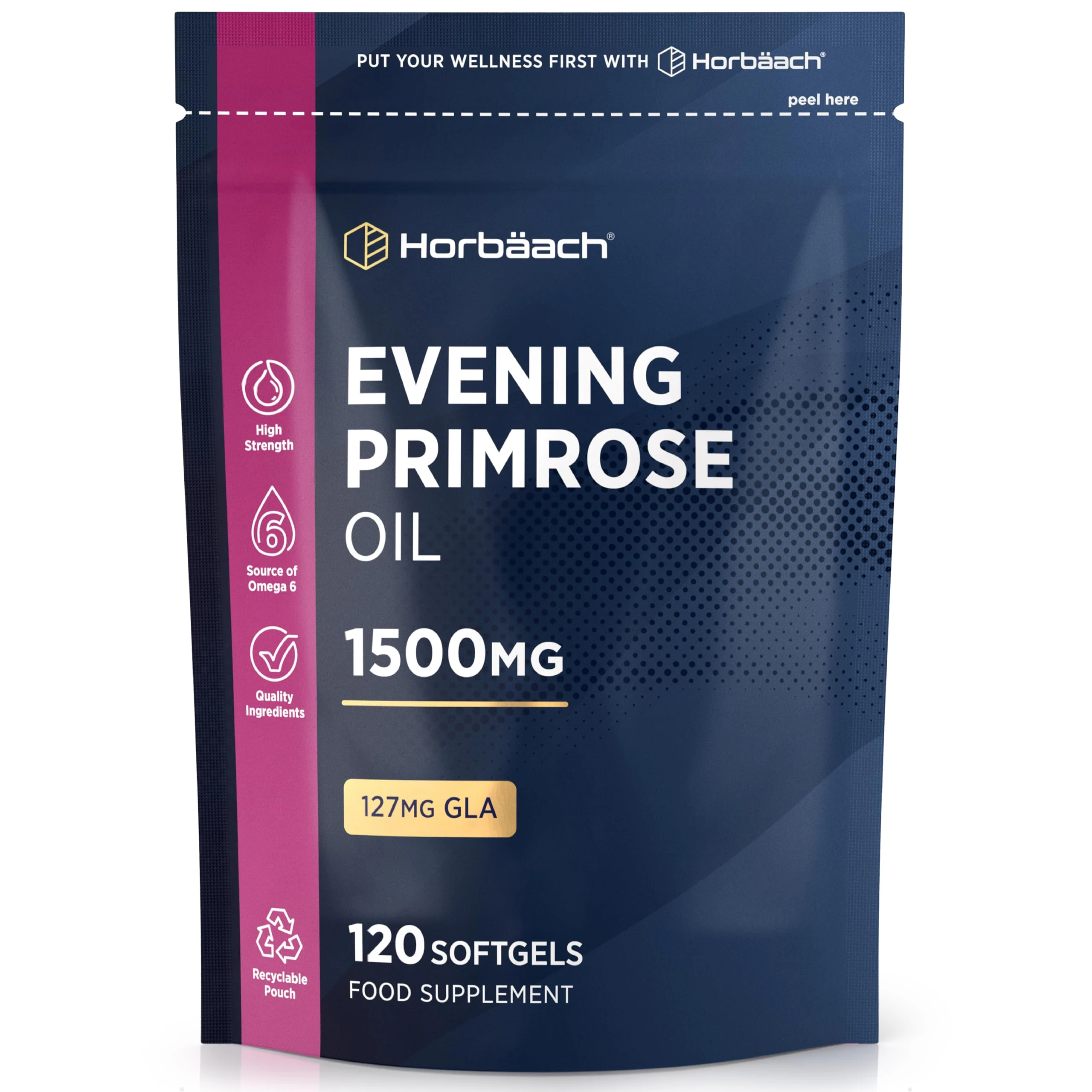 Evening Primrose Oil 1500mg | High Strength with Omega 6 and GLA | Cold-Pressed | 120 Softgel Capsules | by Horbaach