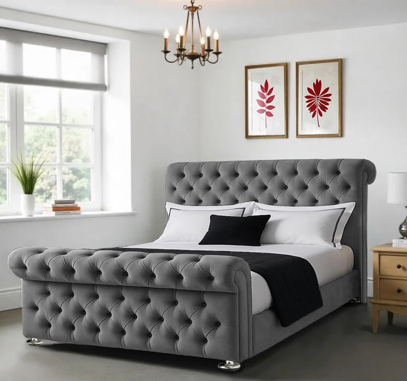 Divan Beds Deals Luxurious Grey Plush Velvet Chesterfield Sleigh Bed | High Headboard & Footboard | Elegant Bed Frame Only – Elevate Your Bedroom with Style (5FT King Size)