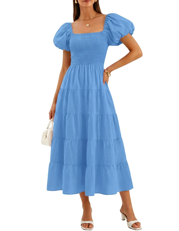 ZESICA Women's 2024 Summer Square Neck Short Puff Sleeve Solid Color High Waist Casual Smocked Flowy A Line Tiered Midi Dress, Blue, M