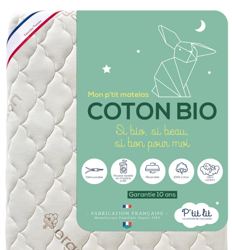 P'TIT LIT - Organic cotton baby mattress - 70 x 140 cm - 100% cotton: natural material of plant origin - no chemical treatment - removable cover - Oeko Tex® - Made in France - EP. 10 cm