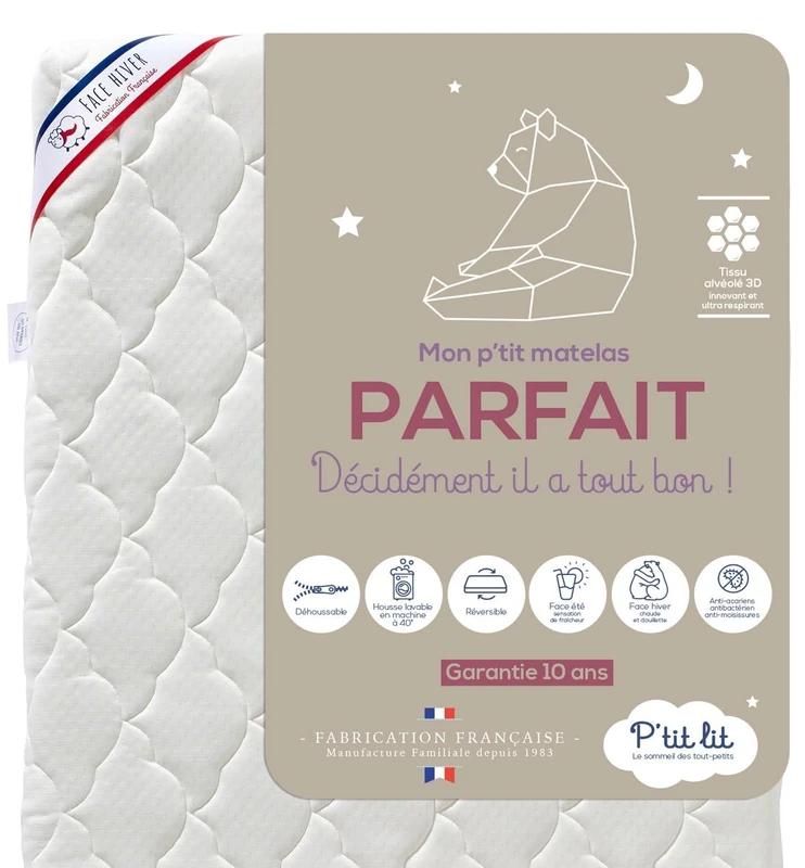 P'tit Lit - Perfect Baby Mattress | 70 x 140 cm | 2 Sides: Ultra Breathable in Summer/Warm and Cosy in Winter | Anti-Dust Mite | Removable | OekoTex | Thickness up to 10 cm
