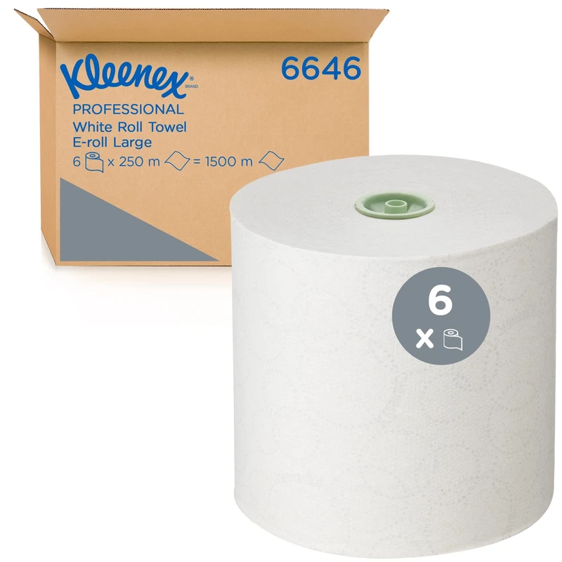 Kleenex Rolled Paper Towels 6646 - E-Roll Large Hand Towel Roll - 6 x 250m White Paper Towel Rolls (1,500m total)