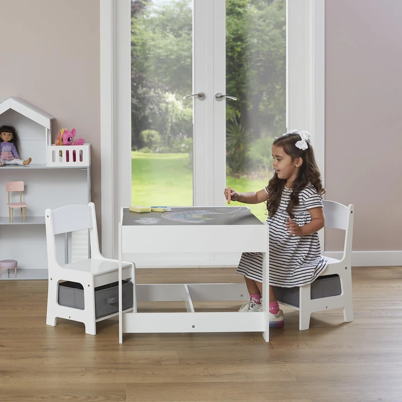 Liberty House Toys Kids Table and Chair Set with Storage Boxes and Play Table, White and Grey